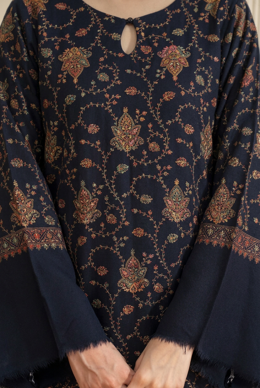Midnight Blue Hand Embroidered Royal Pashmina Wool Kaftan Set (with trouser)