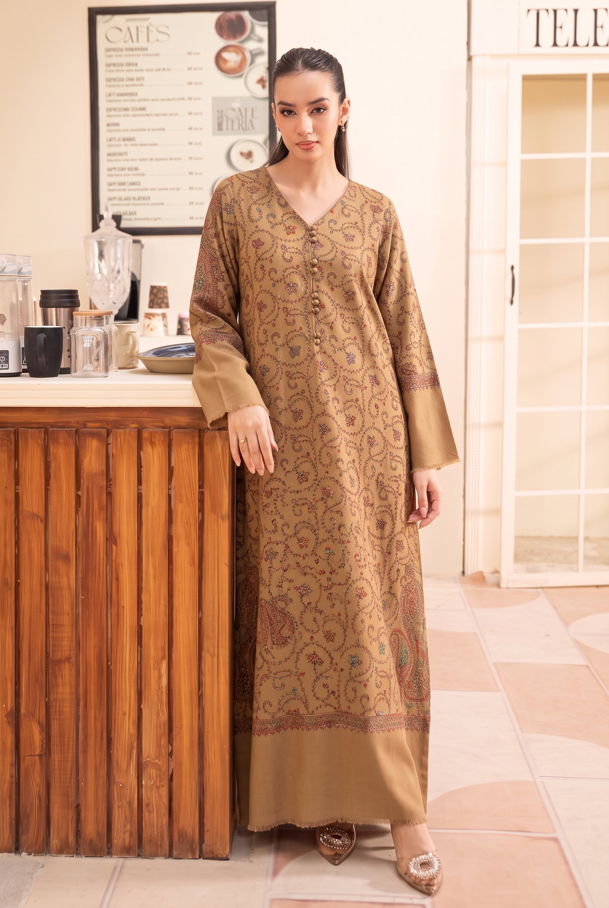 Beige Hand Embroidered Pashmina Wool Kaftan Set (with trouser)