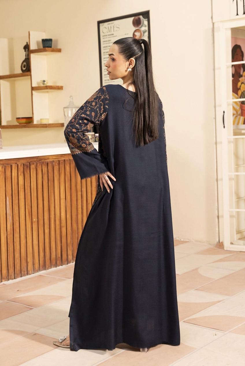 Midnight Blue Hand Embroidered Royal Pashmina Wool Kaftan Set (with trouser)