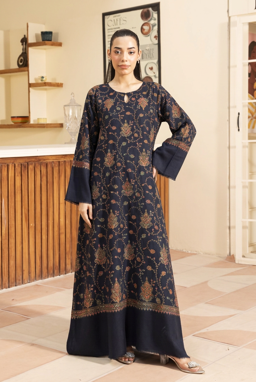 Midnight Blue Hand Embroidered Royal Pashmina Wool Kaftan Set (with trouser)