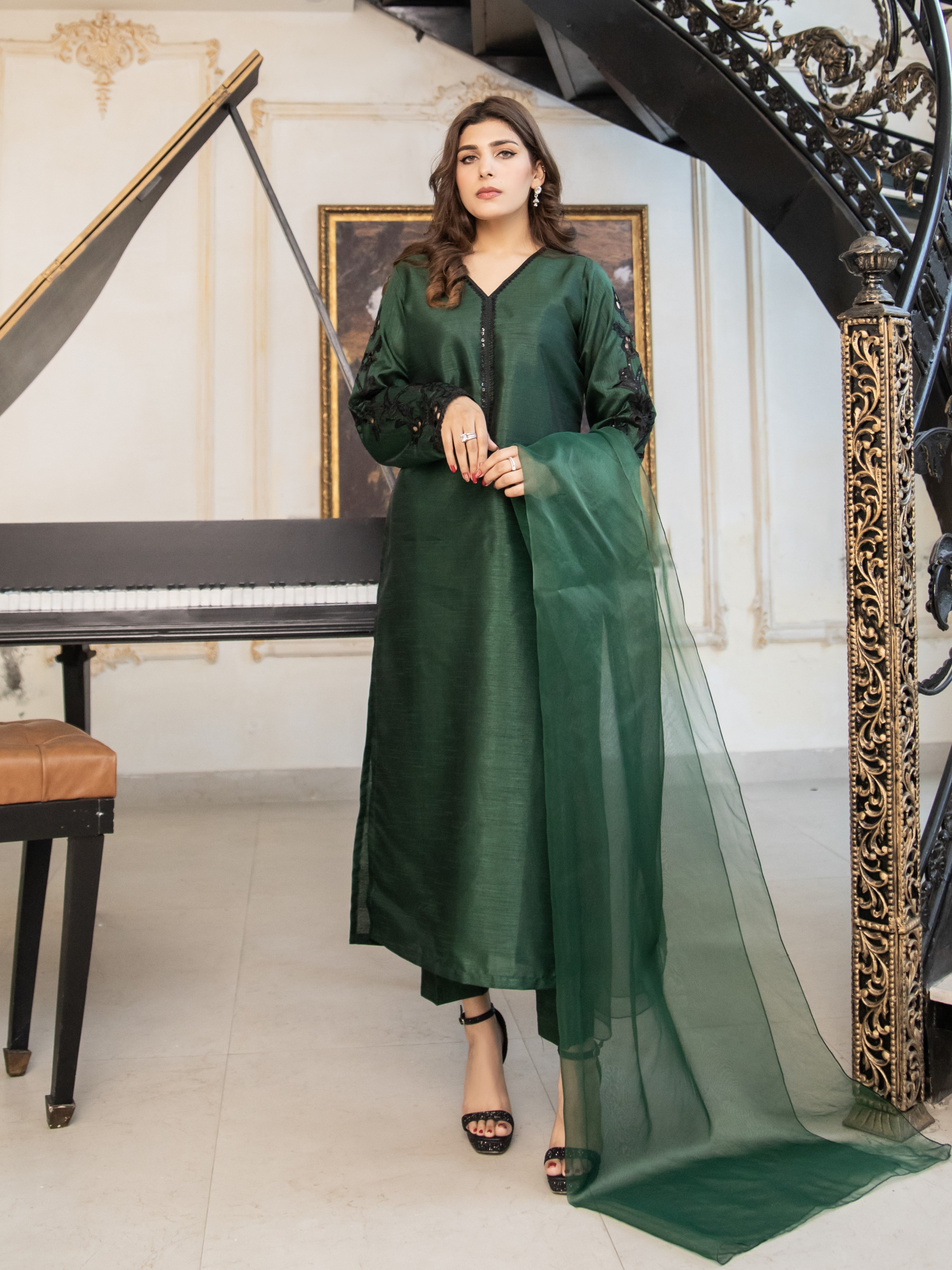 Bottle Green Embroidered Raw Silk 3pc Suit