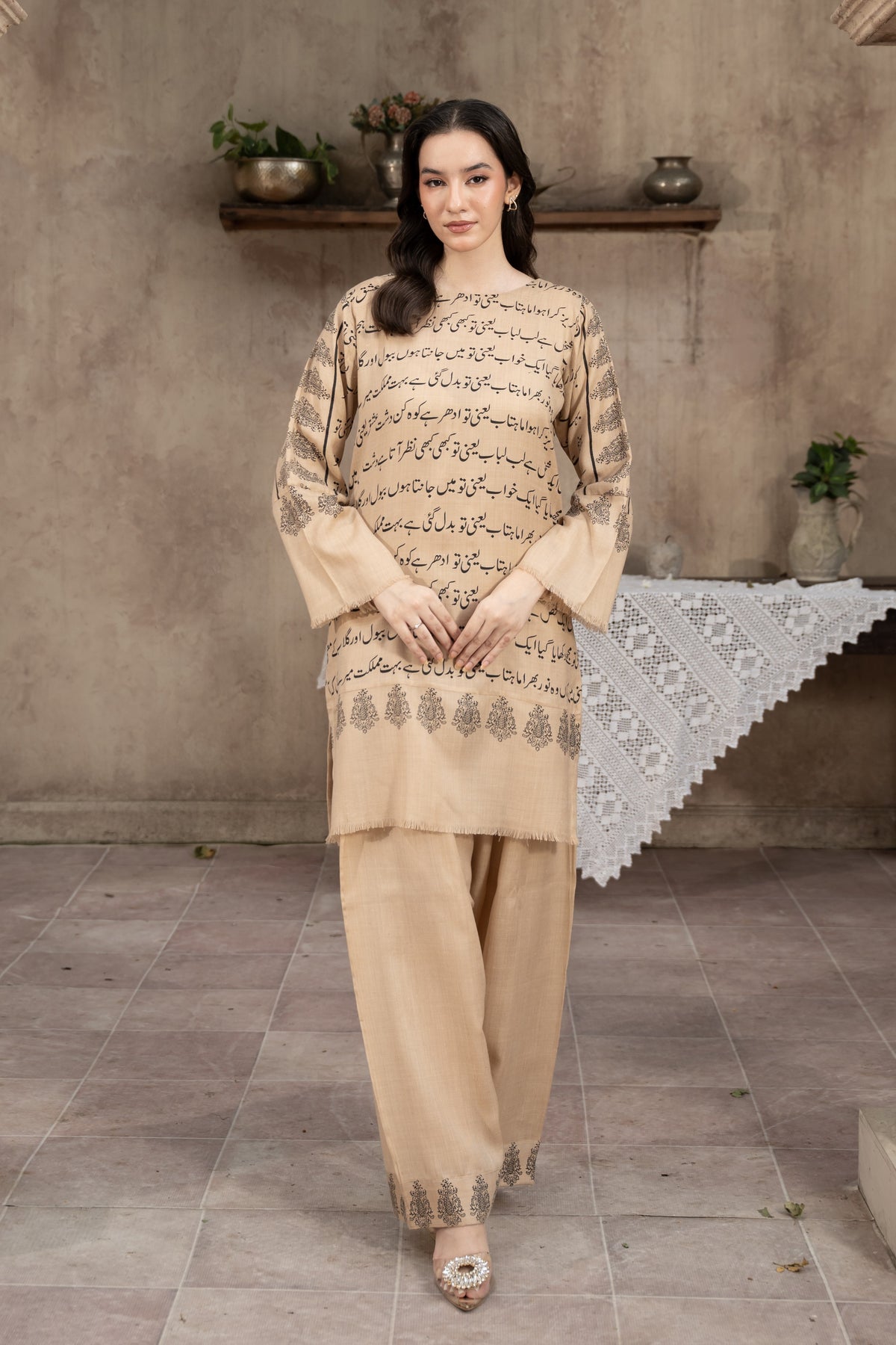 Ghazal Pashmina Wool Shalwar Kameez- Beige