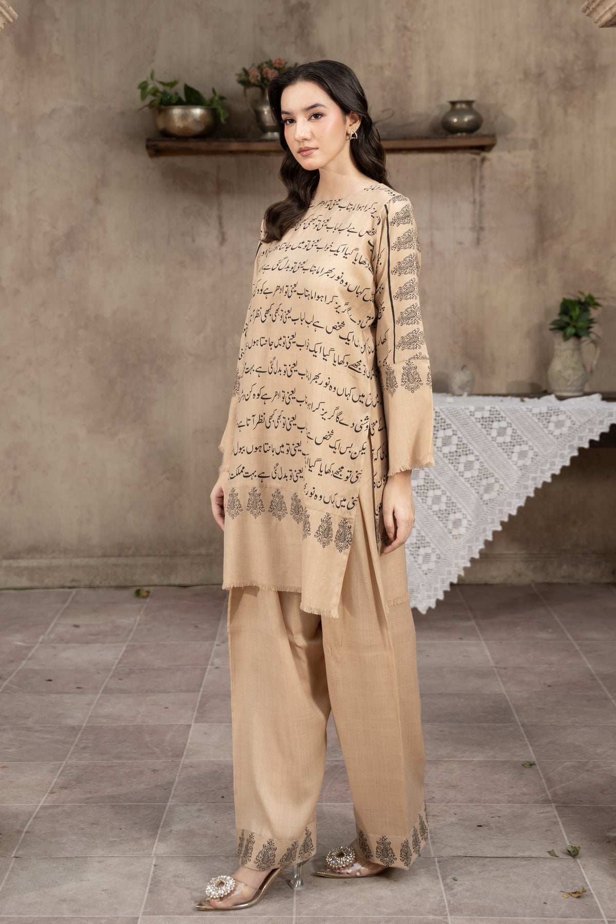 Ghazal Pashmina Wool Shalwar Kameez- Beige