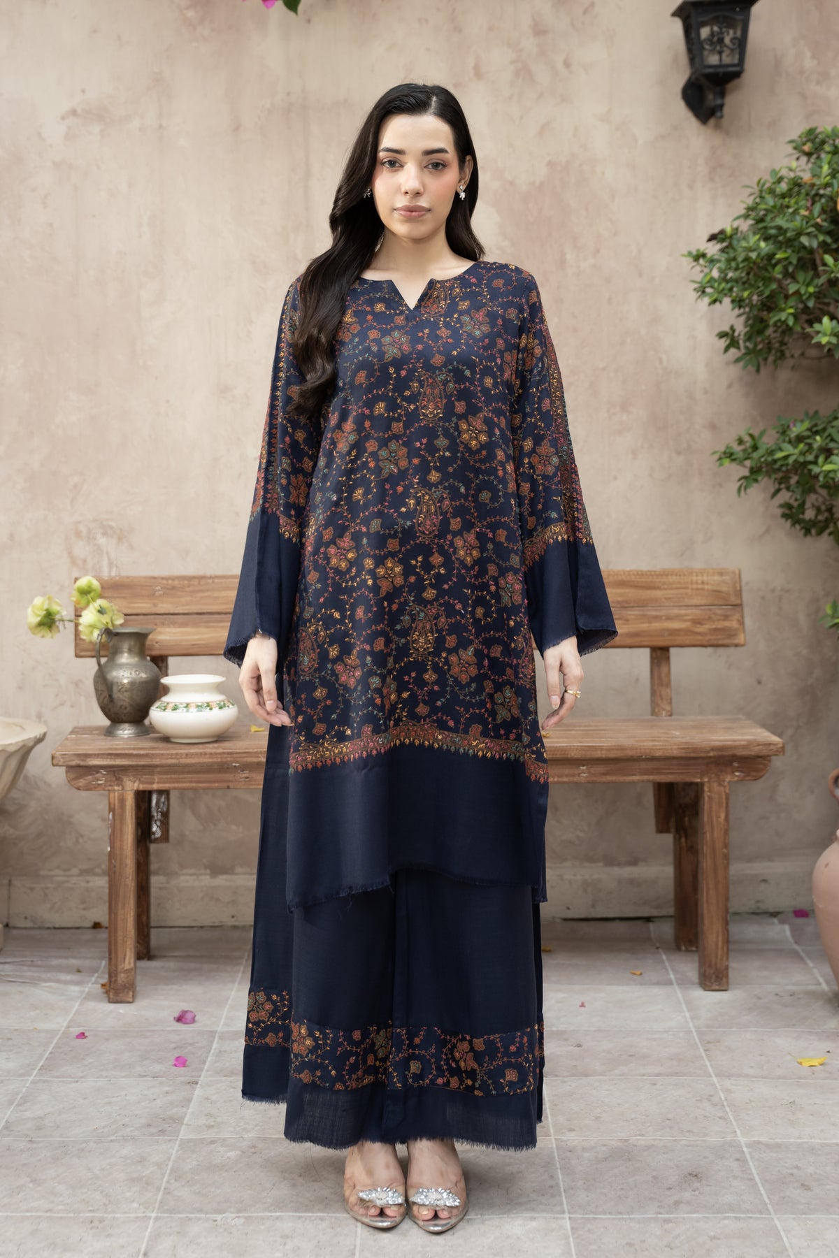 Hand Embroidered Pashmina Wool Coord Set- Navy Blue