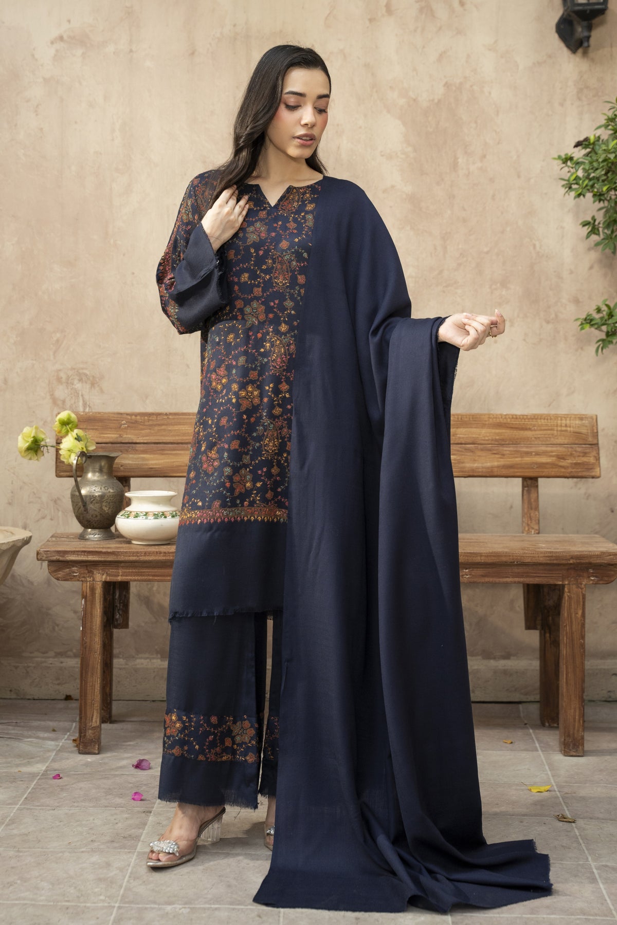 Plain Pashmina Wool Shawl- Navy Blue