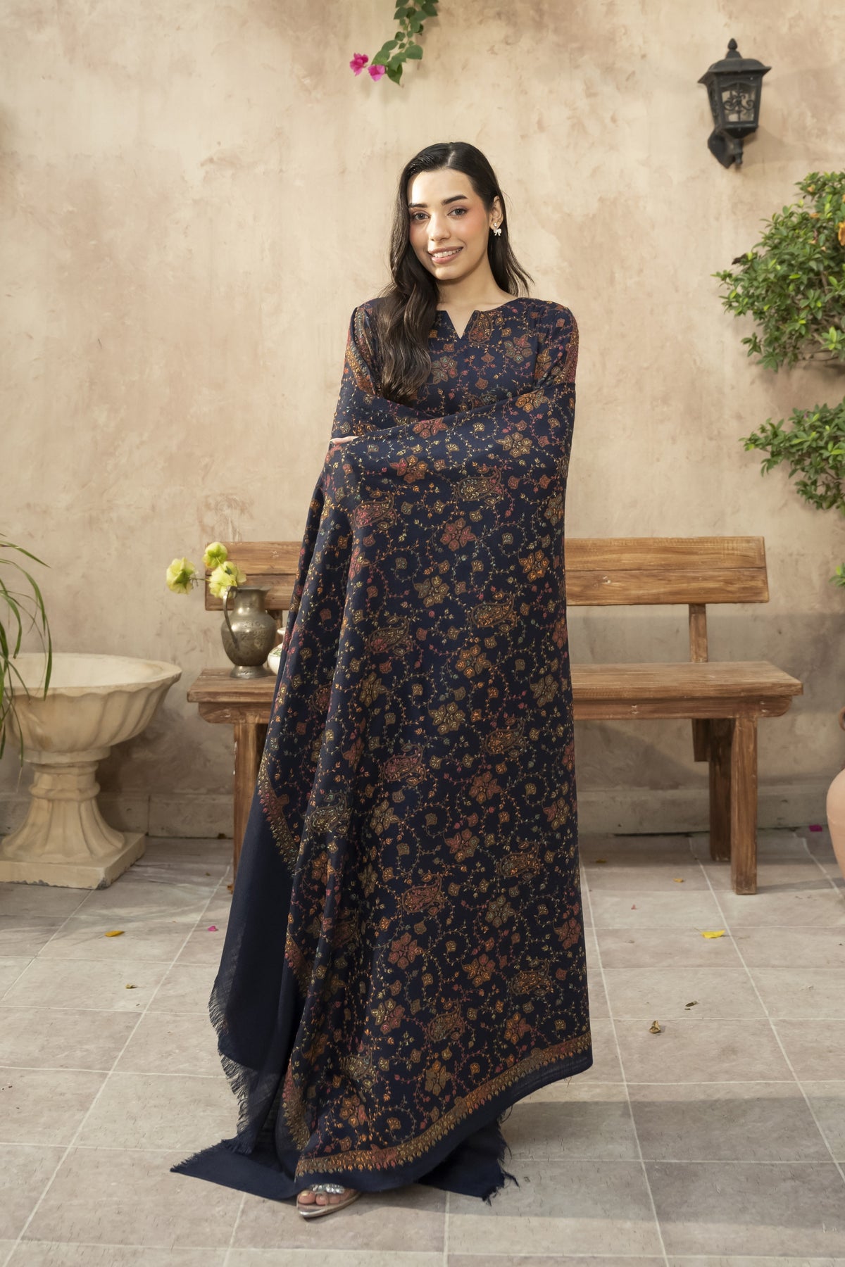 Navy Blue Pashmina Needlework Shawl