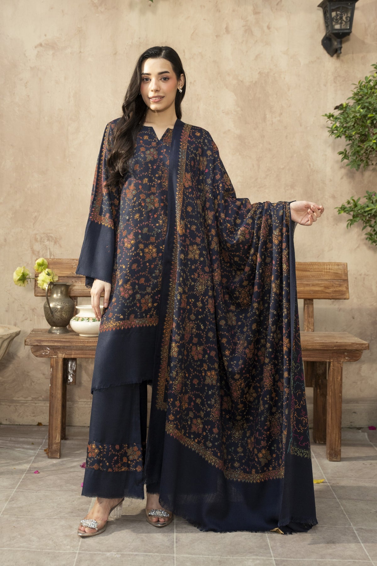 Navy Blue Pashmina Needlework Shawl