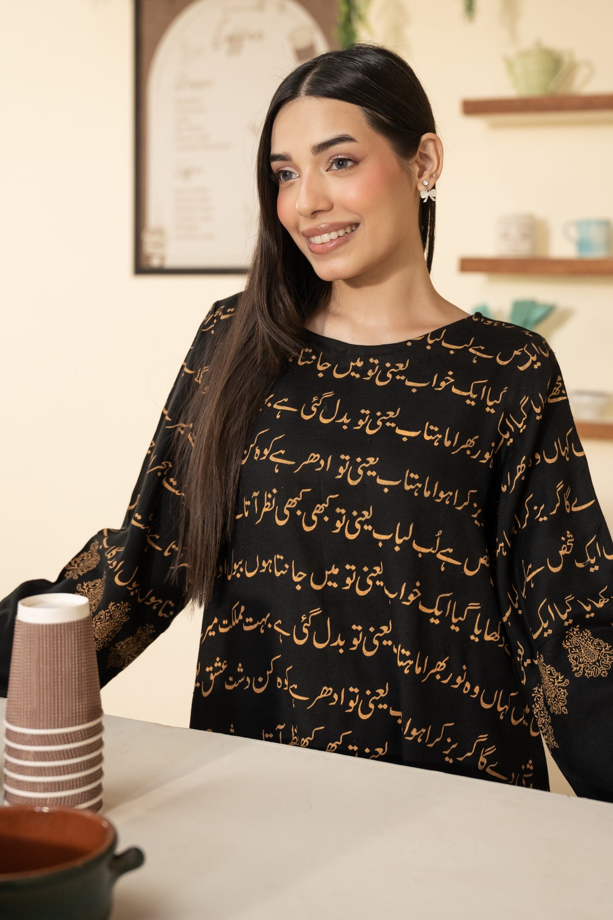 Black Ghazal Pashmina Wool Kaftan Set (With trouser)
