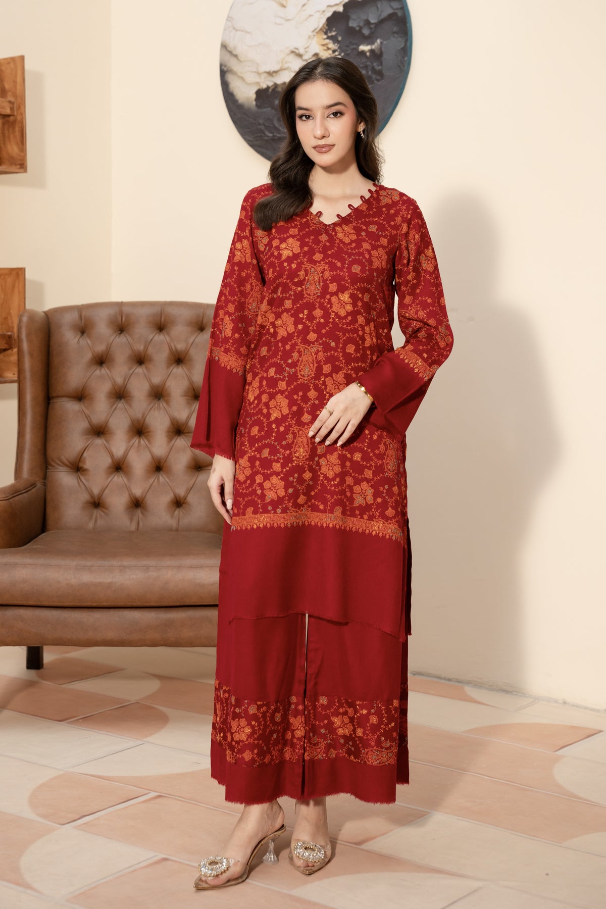 Hand Embroidered Pashmina Wool Coord Set - Red