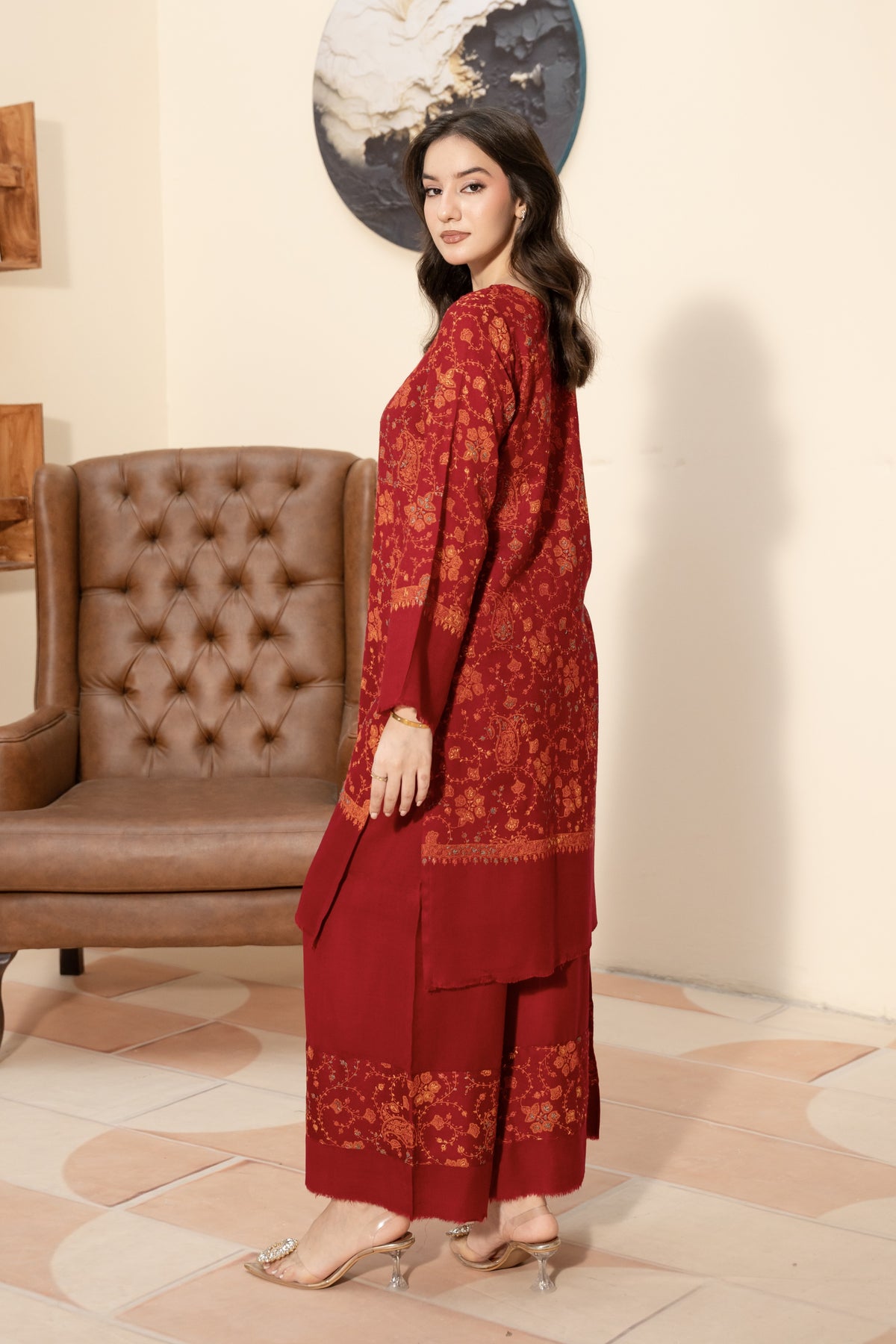 Hand Embroidered Pashmina Wool Coord Set - Red