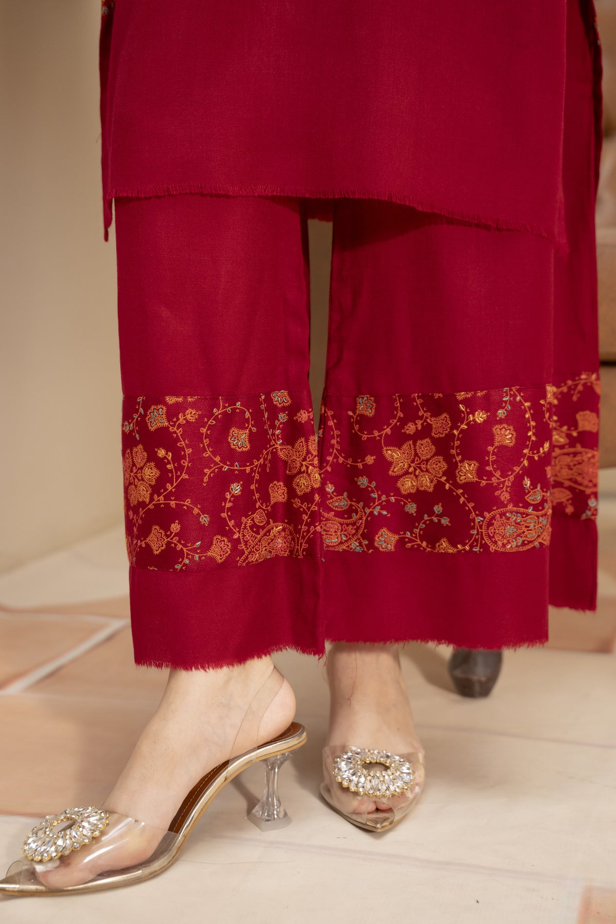 Hand Embroidered Pashmina Wool Coord Set - Red