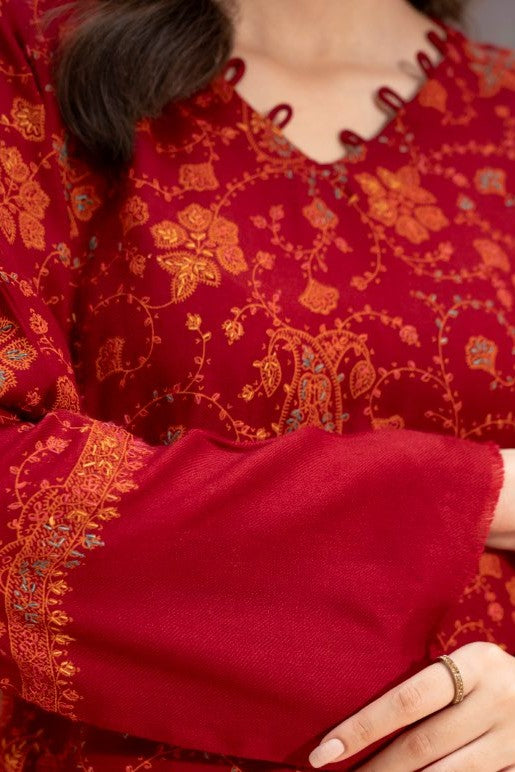 Hand Embroidered Pashmina Wool Coord Set - Red