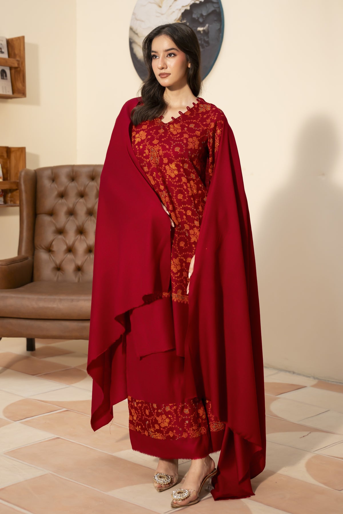 Plain Pashmina Wool Shawl-Red