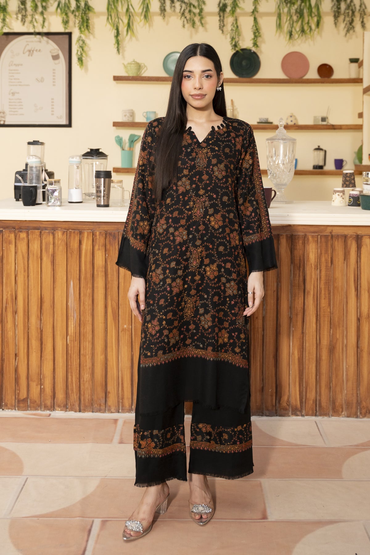 Hand Embroidered Pashmina Wool Coord Set - Black