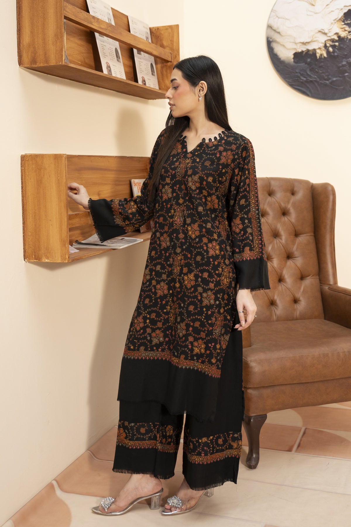 Hand Embroidered Pashmina Wool Coord Set - Black