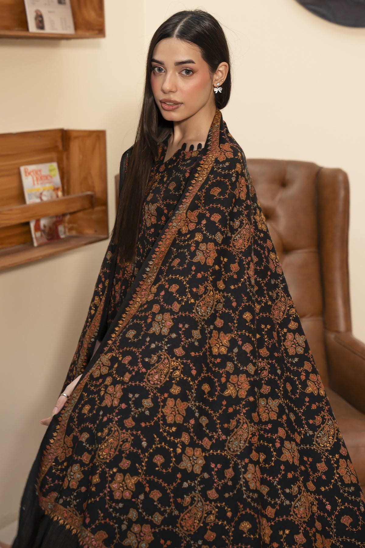 Black Pashmina Needlework Shawl