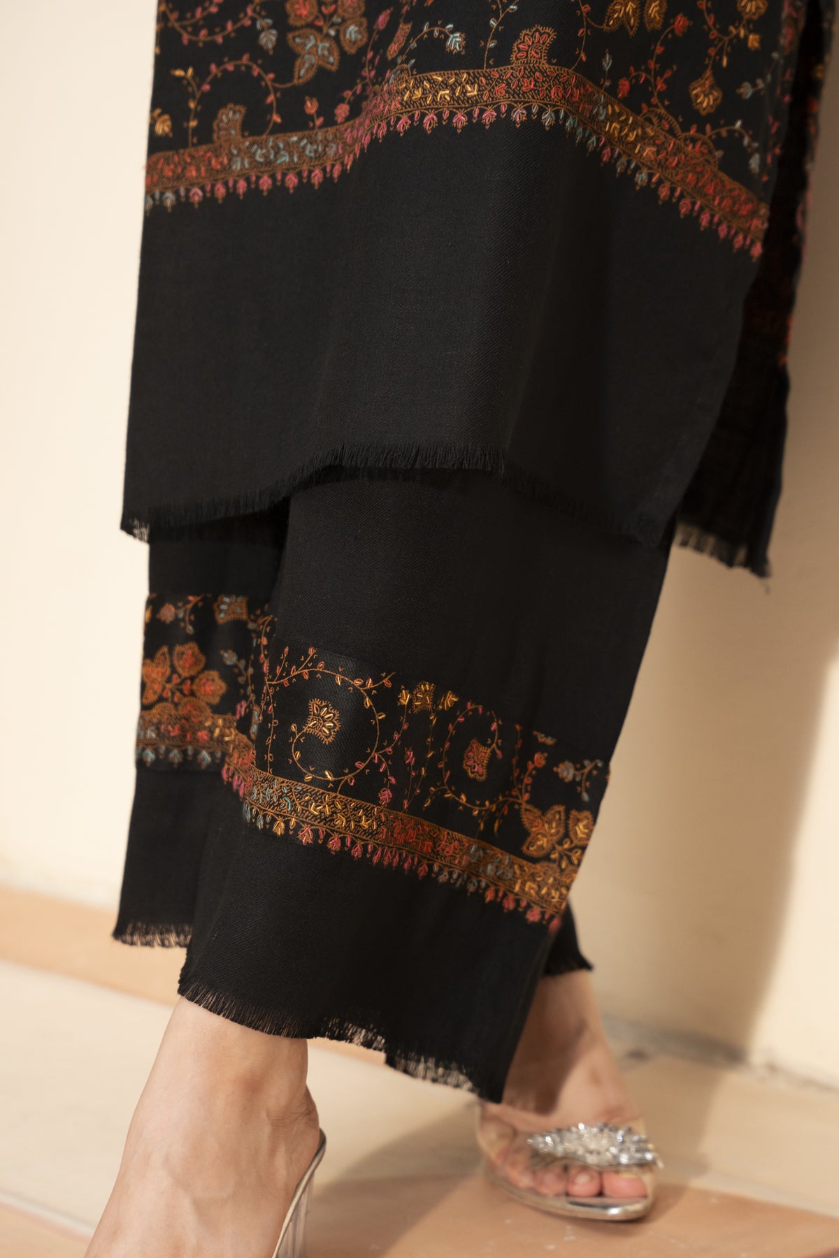 Hand Embroidered Pashmina Wool Coord Set - Black