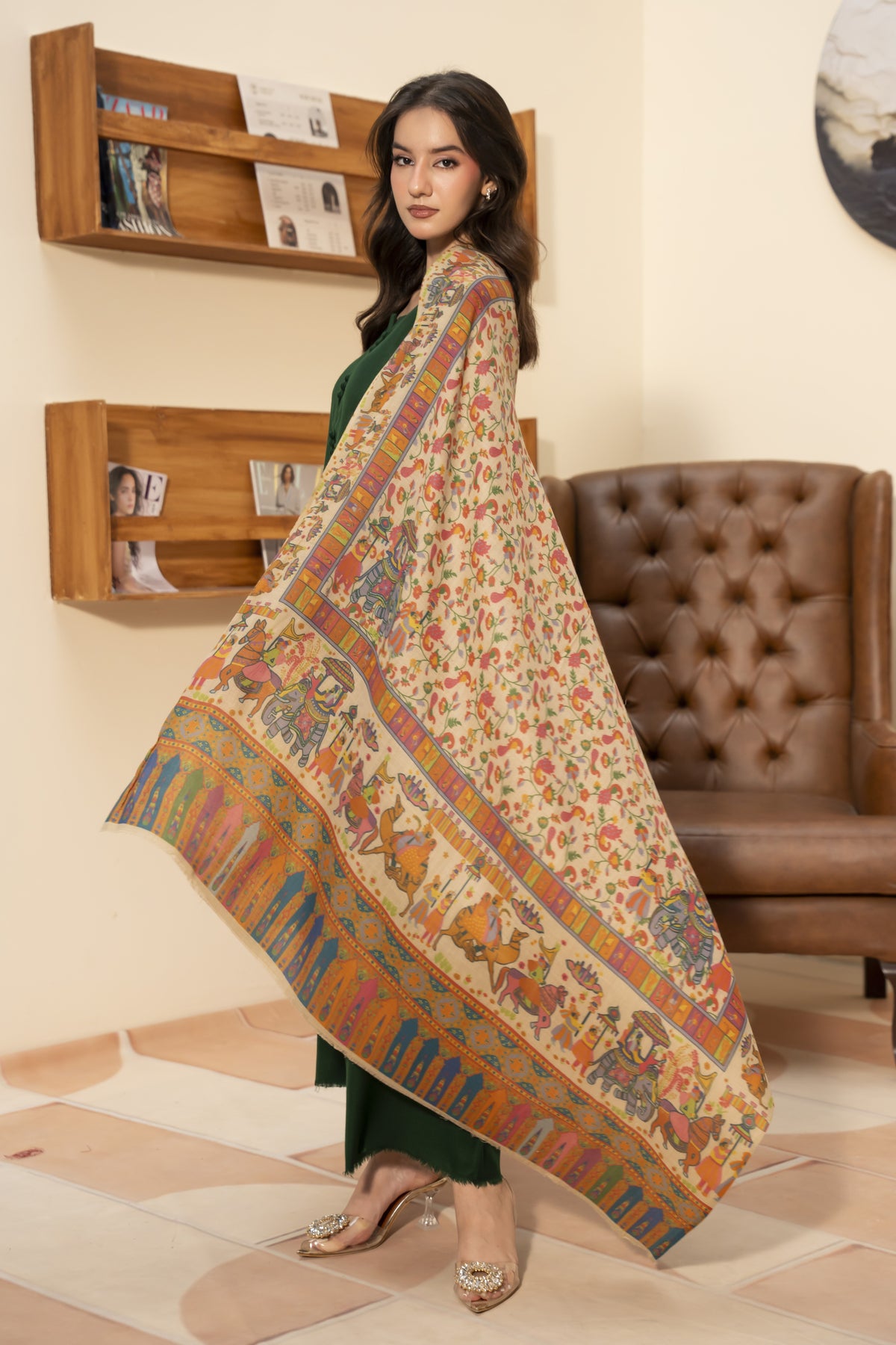 Printed Mughal Darbar Pashmina Wool Shawl