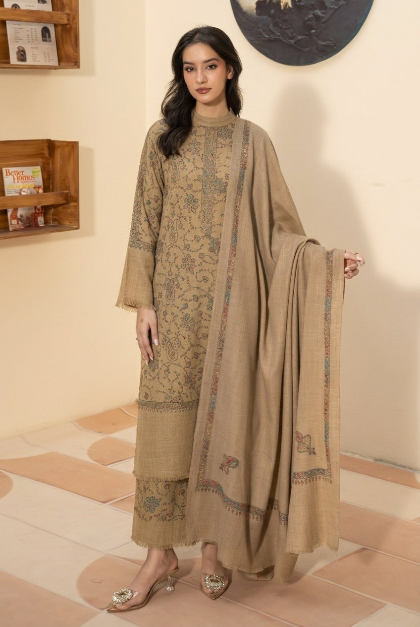 Kingri embroidered pashmina wool shawl in beige styled with beige hand embroidered pashmina coord set