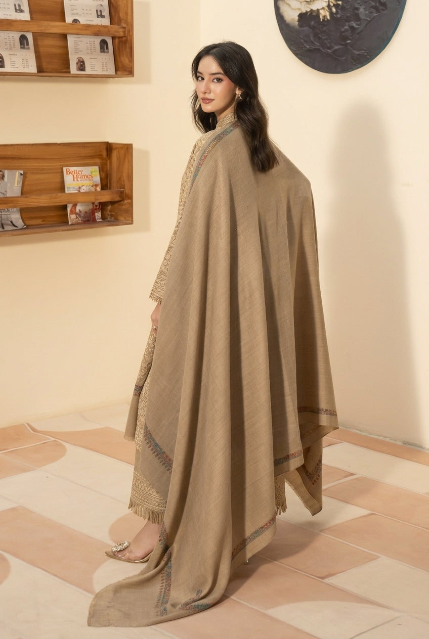 Kingri embroidered pashmina wool shawl in beige styled with beige hand embroidered pashmina coord set, back view