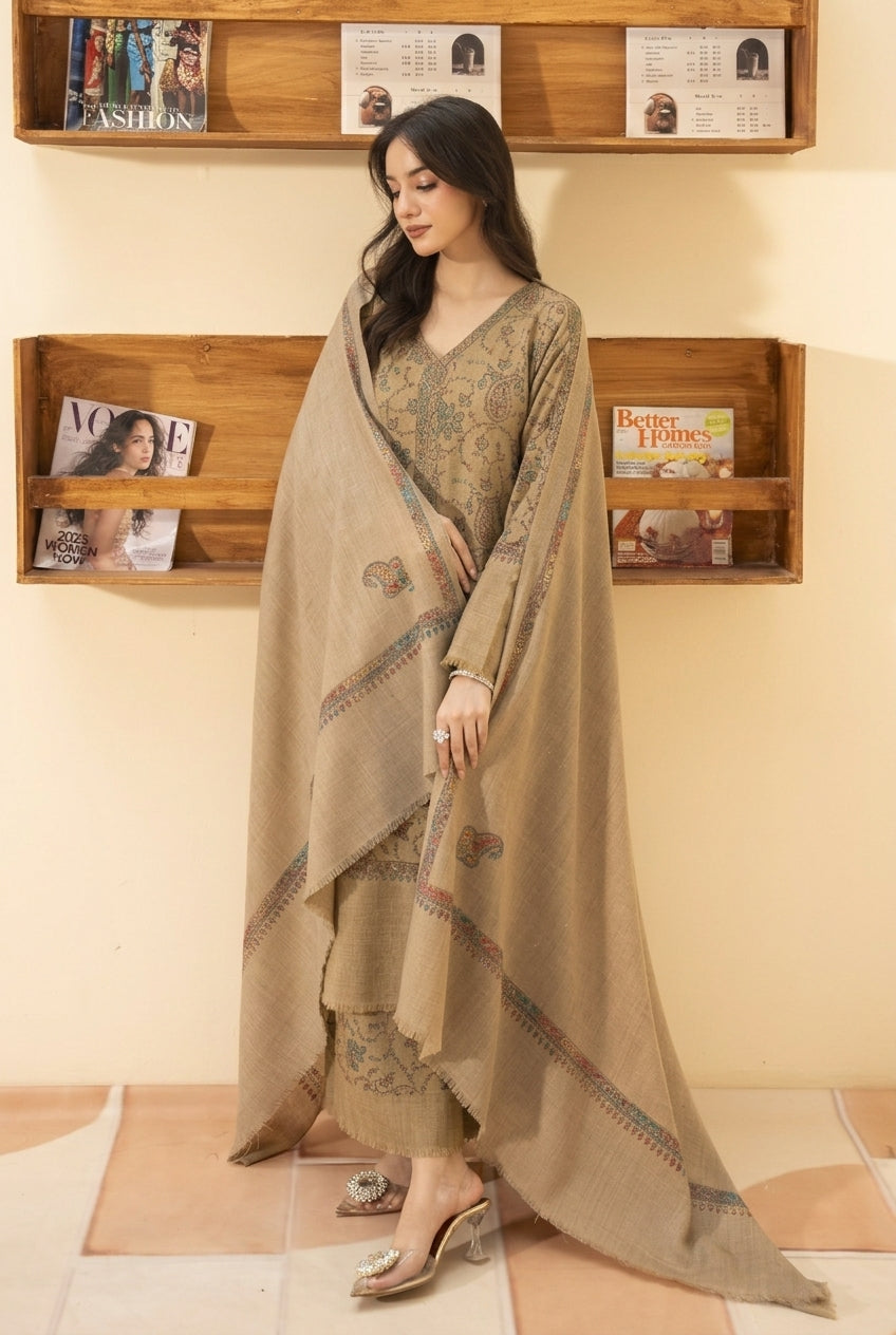 Kingri embroidered pashmina wool shawl in beige styled with beige hand embroidered pashmina coord set
