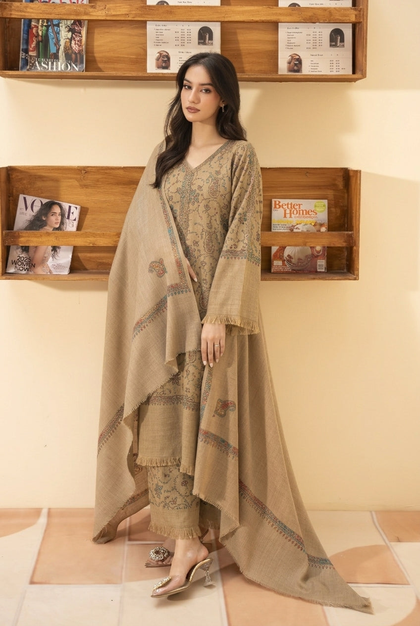 Kingri embroidered pashmina wool shawl in beige styled with beige hand embroidered pashmina coord set