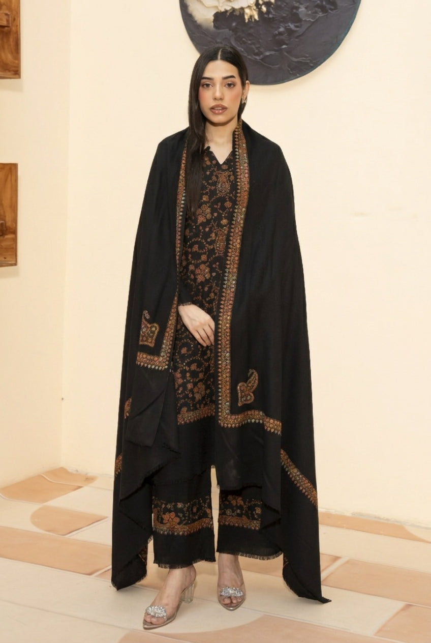 Kingri embroidered pashmina wool shawl in black styled with black hand embroidered pashmina coord set