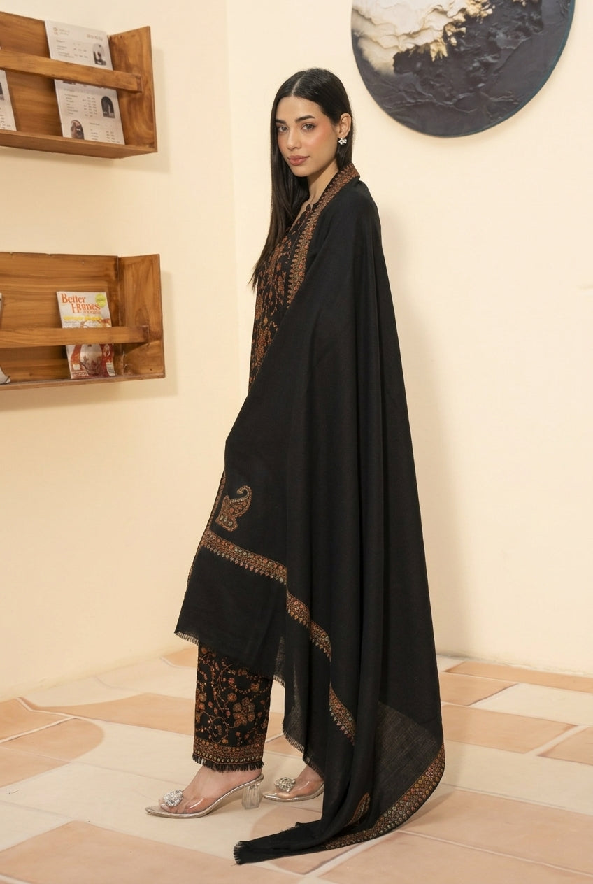 Kingri embroidered pashmina wool shawl in black styled with black hand embroidered pashmina coord set, side view
