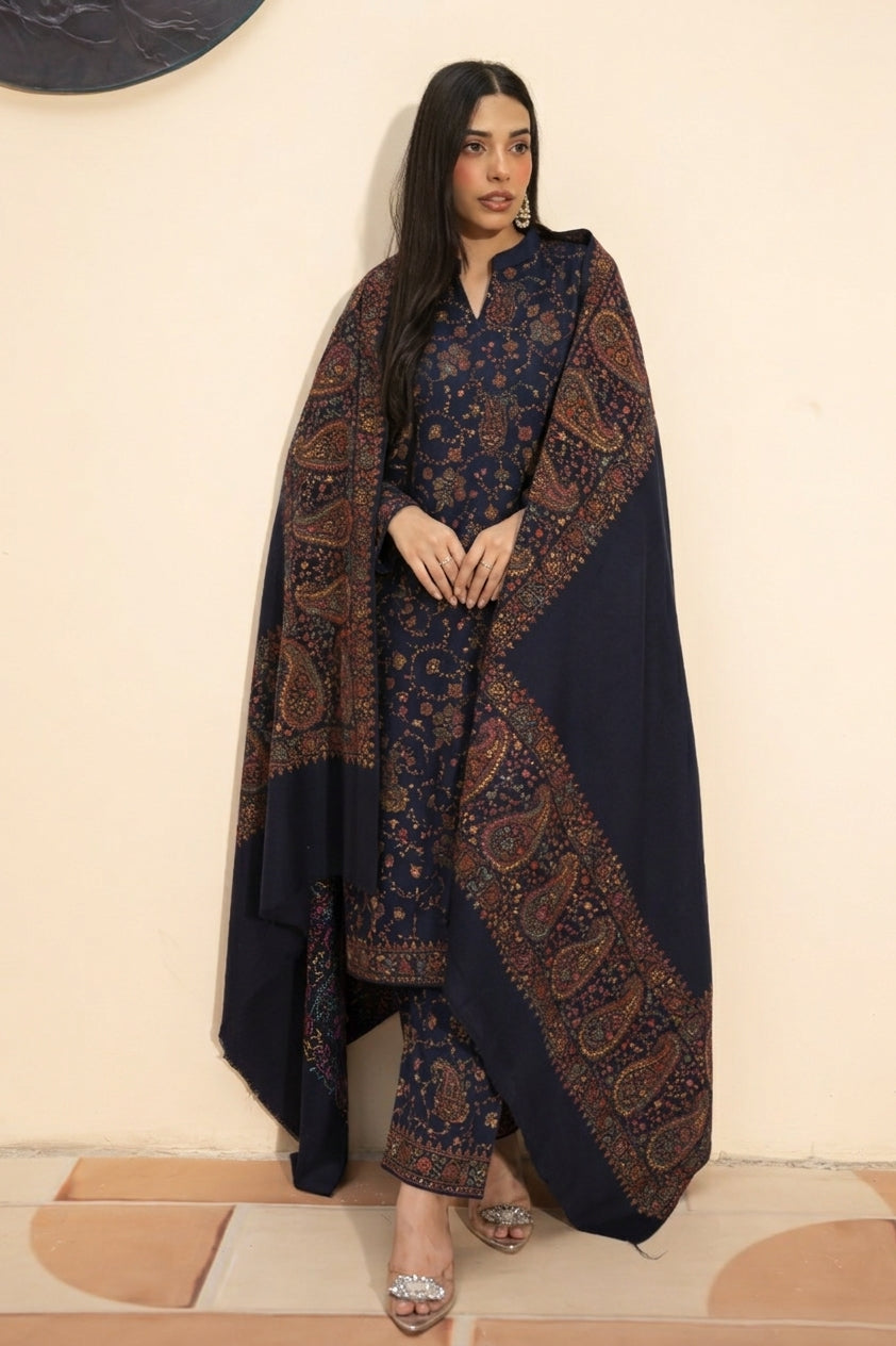 Royale Paisley hand embroidered pashmina shawl in navy blue styled with navy blue hand embroidered pashmina coord set