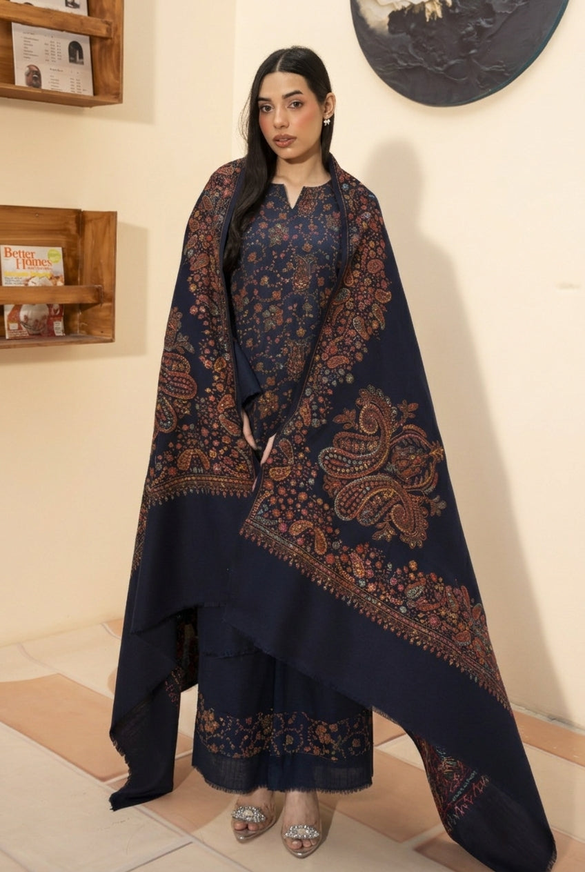 Kashmiri hand embroidered pashmina shawl in navy blue styled with navy blue hand embroidered pashmina coord set