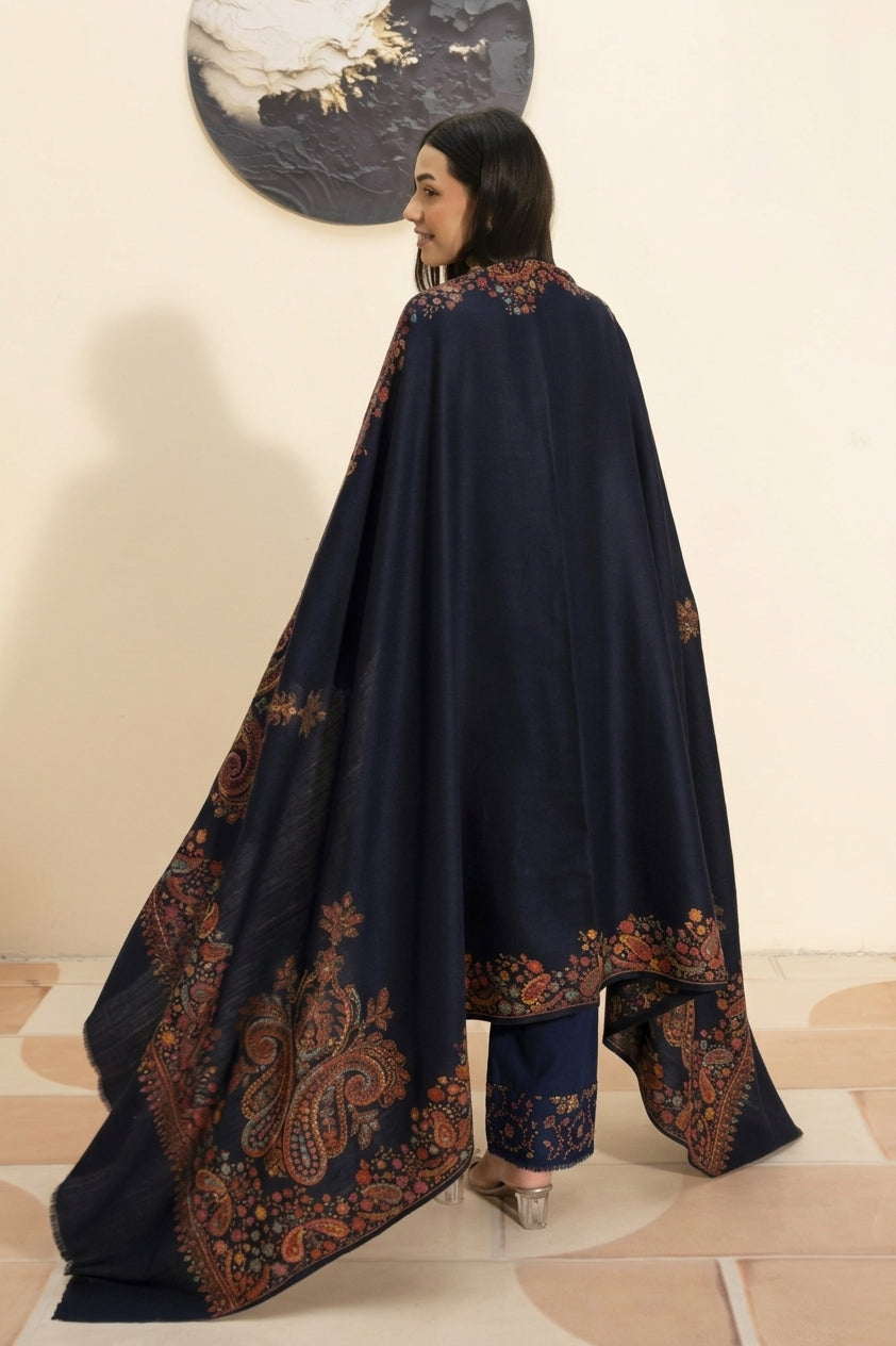 Kashmiri hand embroidered pashmina shawl in navy blue styled with navy blue hand embroidered pashmina coord set, back view