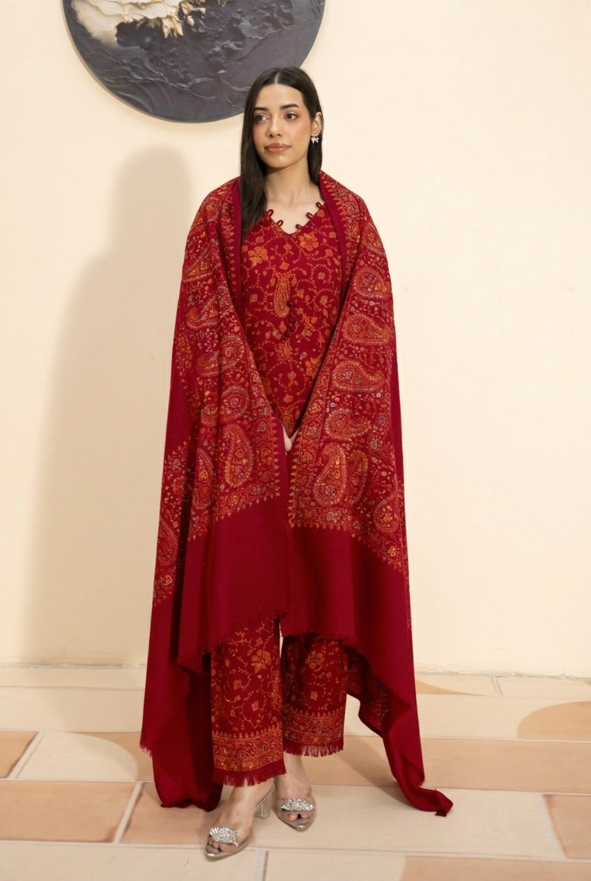 Royale Paisley hand embroidered pashmina shawl in maroon styled with red hand embroidered pashmina coord set