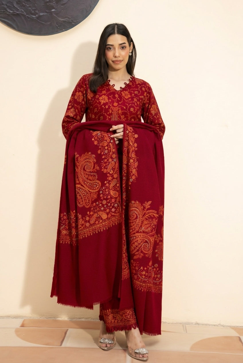 Kashmiri hand embroidered pashmina shawl in maroon styled with red hand embroidered pashmina coord set