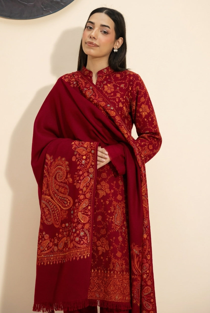 Kashmiri hand embroidered pashmina shawl in maroon styled with red hand embroidered pashmina coord set