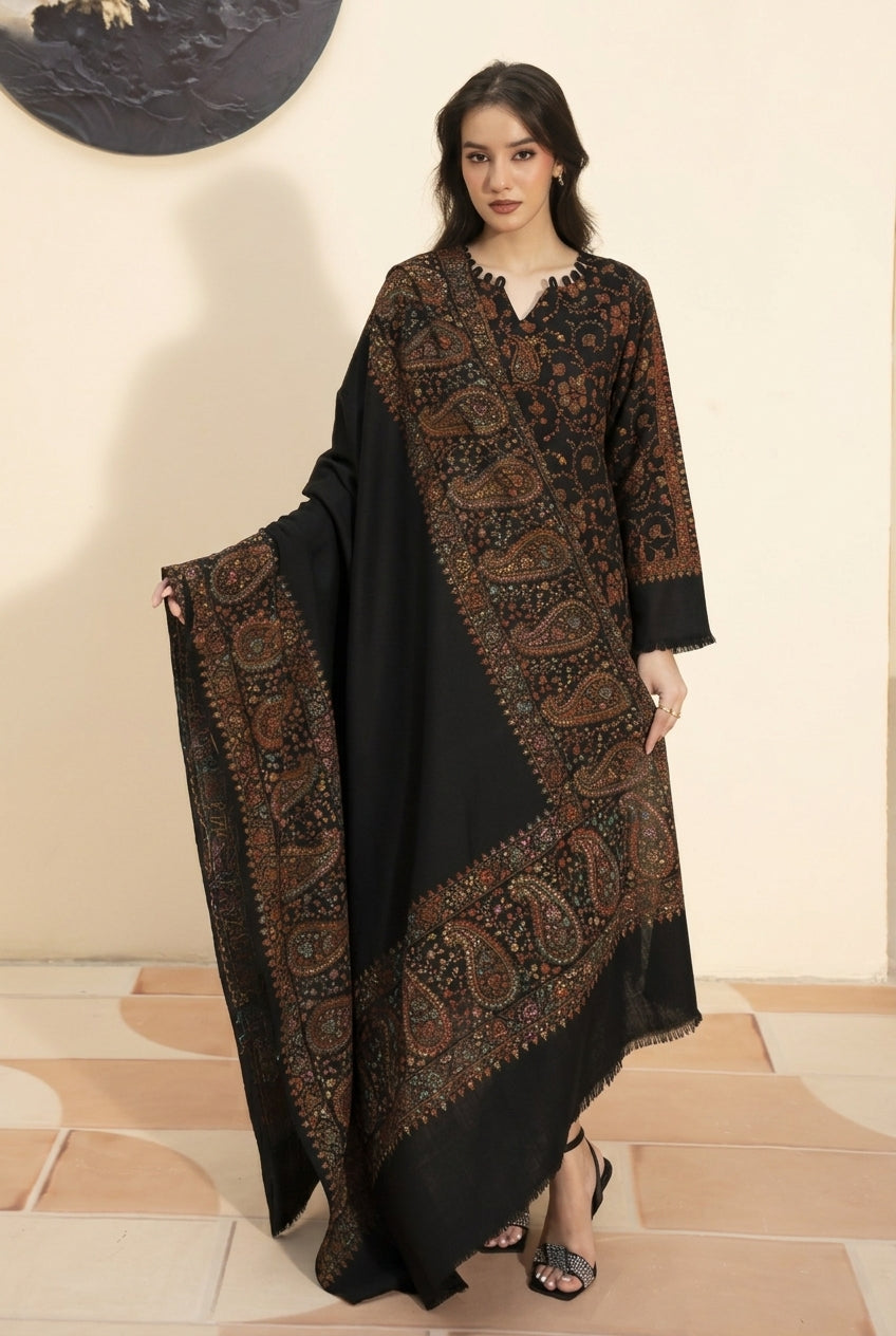Royale Paisley hand embroidered pashmina shawl in black styled with black hand embroidered pashmina coord set