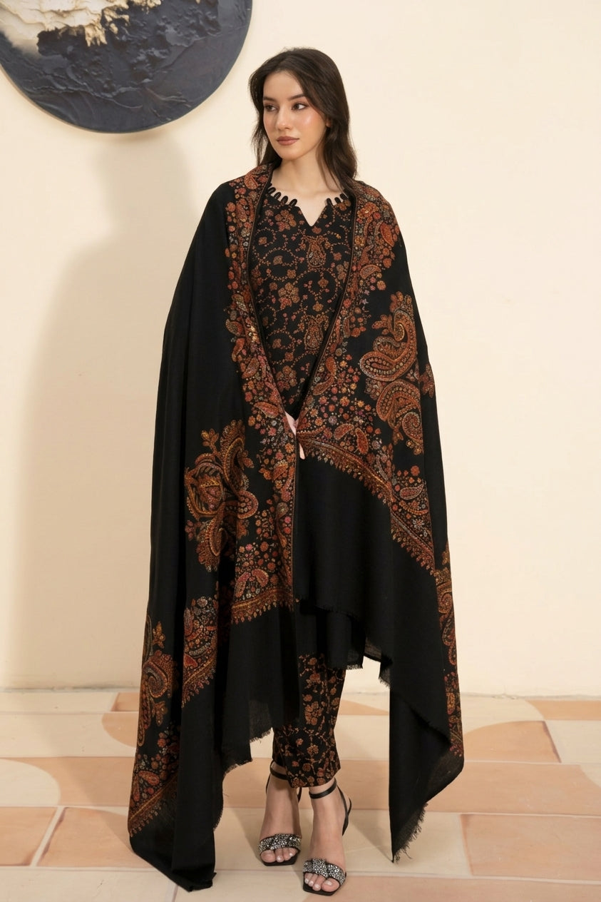 Kashmiri hand embroidered pashmina shawl in black styled with black hand embroidered pashmina coord set