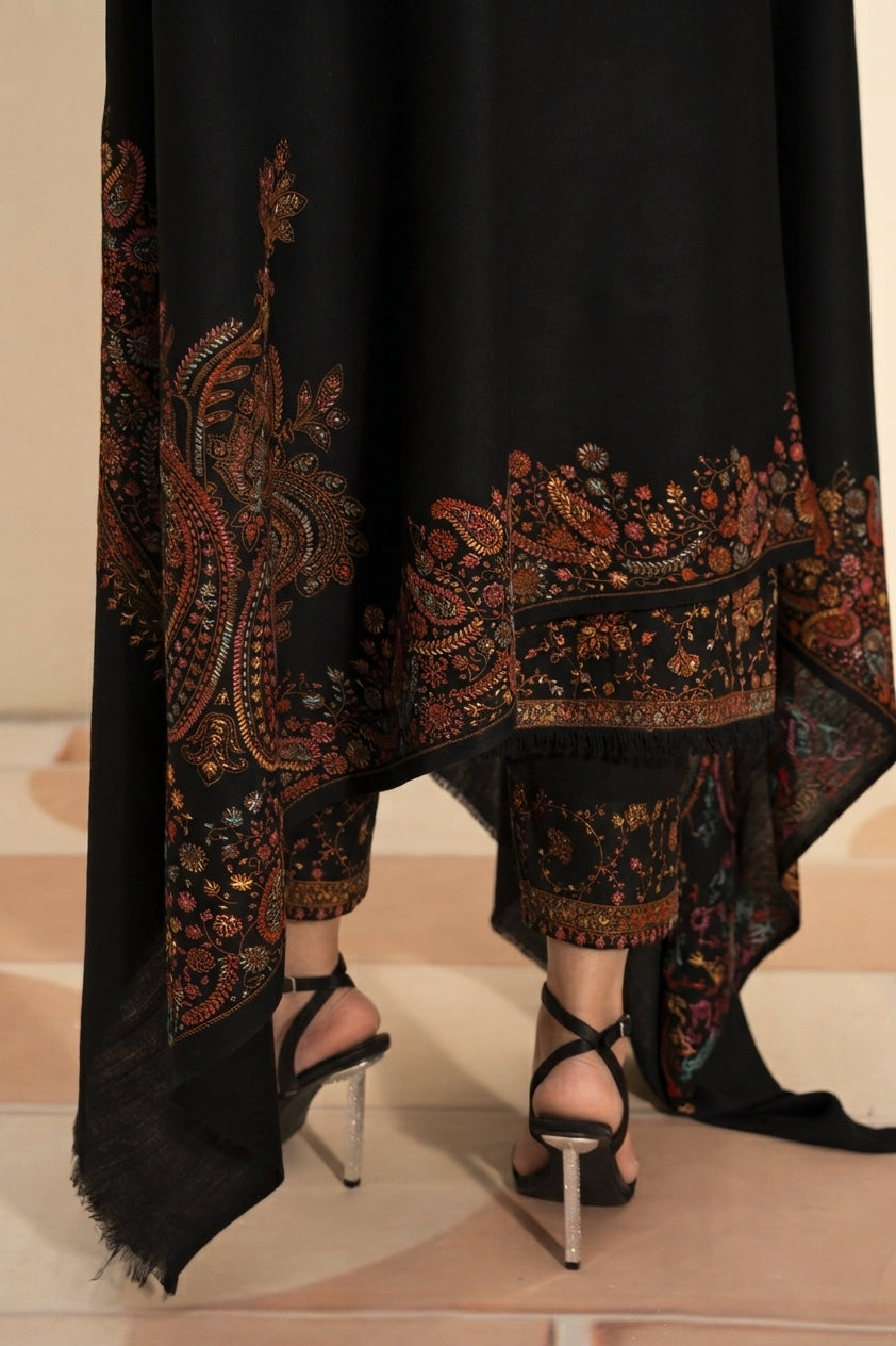 Kashmiri hand embroidered pashmina shawl in black styled with black hand embroidered pashmina coord set, detail