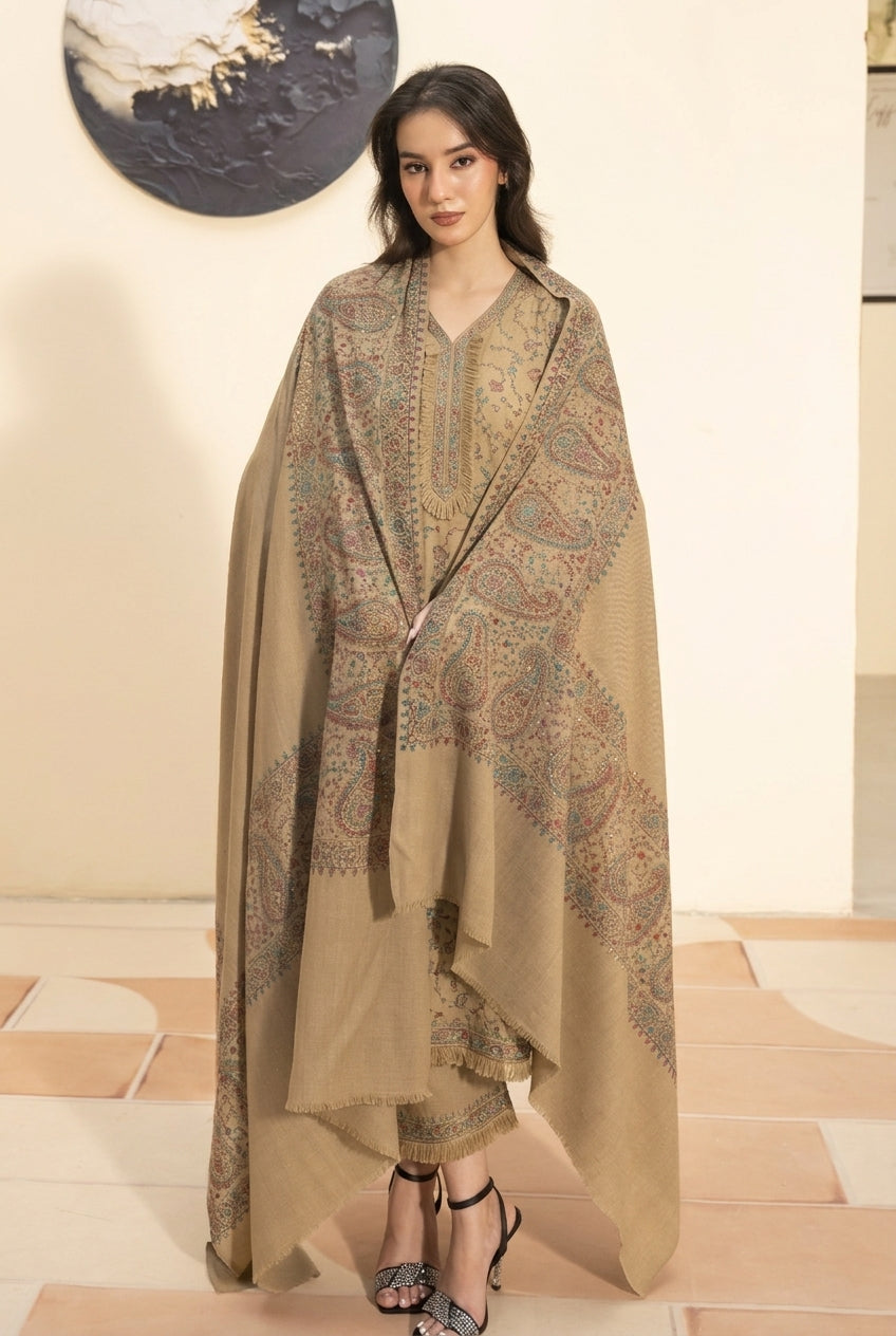 Royale Paisley hand embroidered pashmina shawl in beige styled with beige hand embroidered pashmina coord set