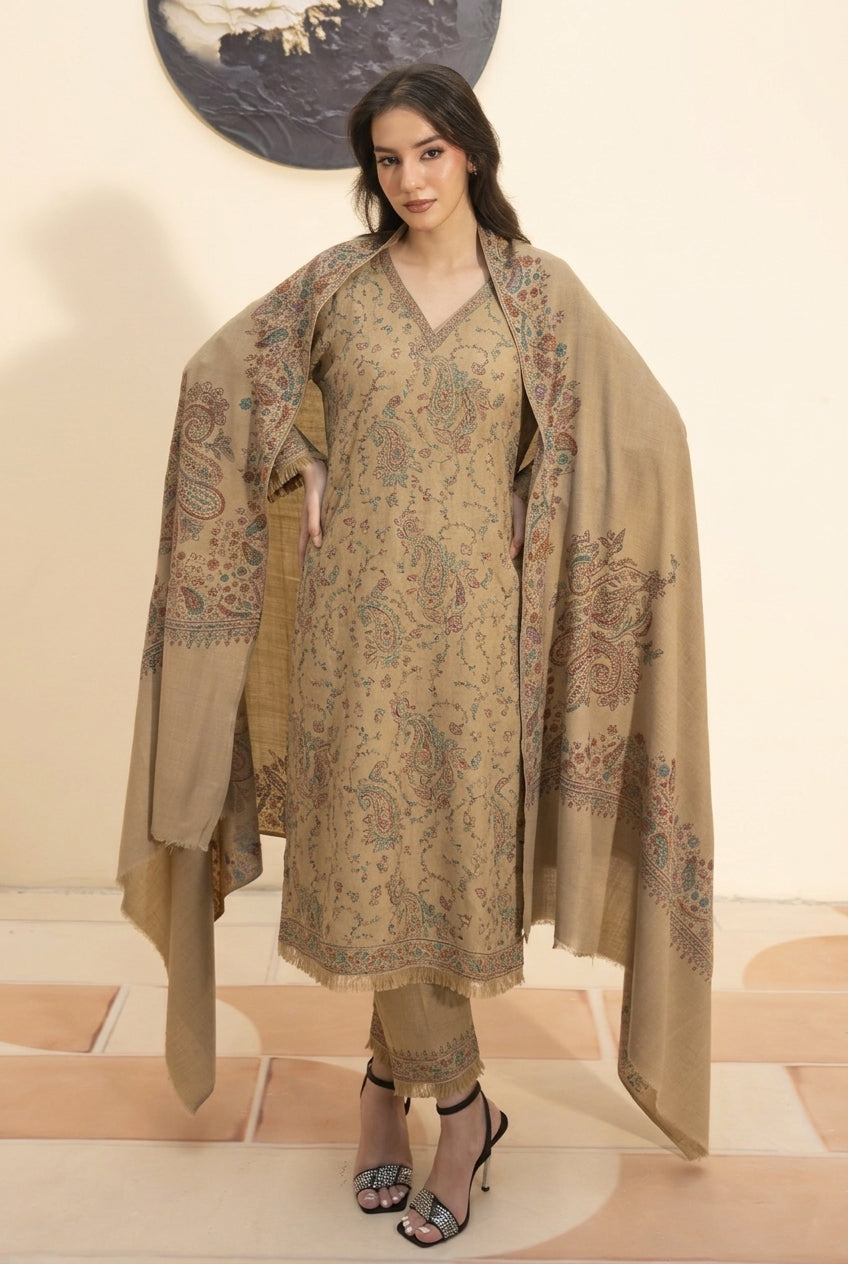 Kashmiri hand embroidered pashmina shawl in beige styled with beige hand embroidered pashmina coord set