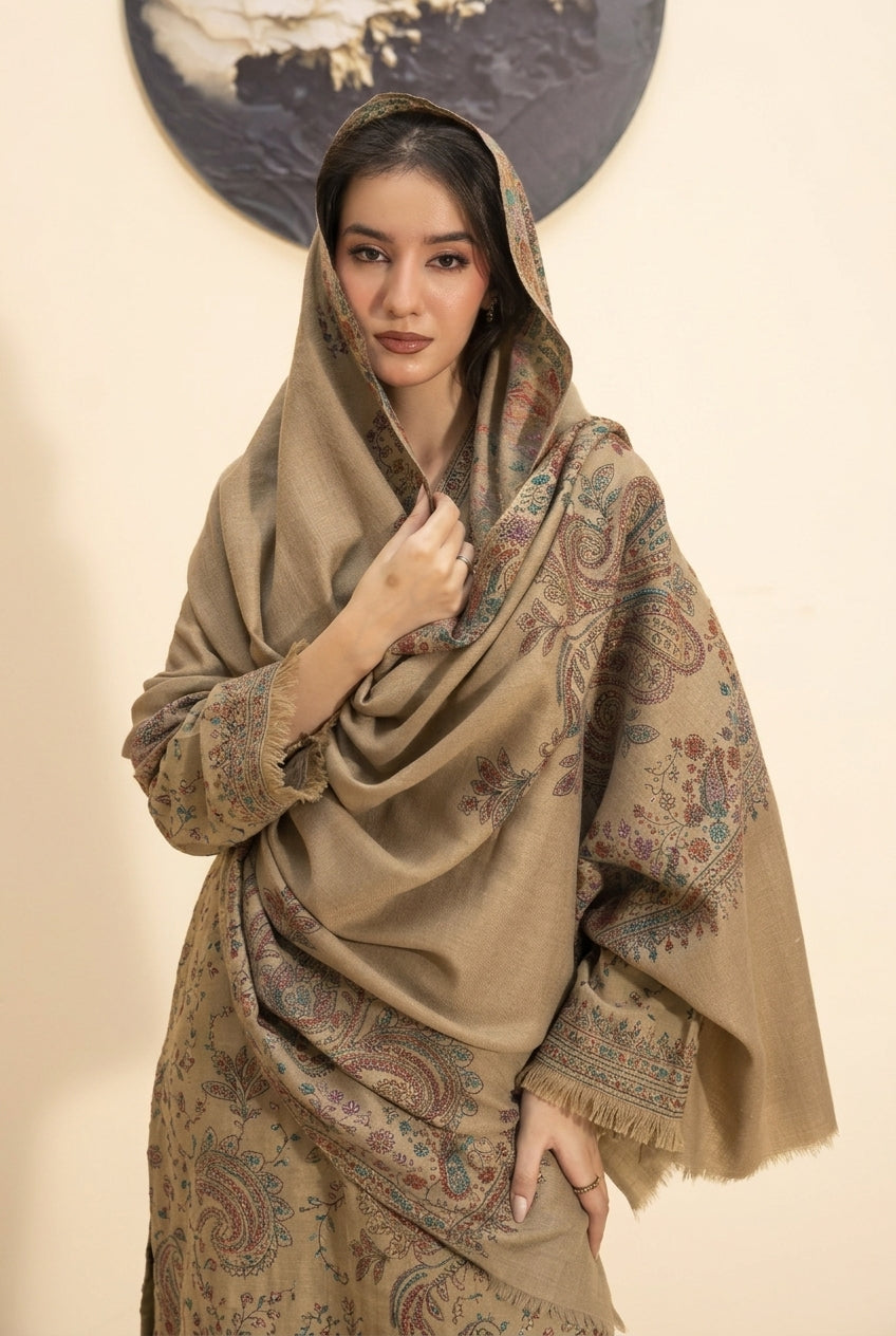 Kashmiri hand embroidered pashmina shawl in beige styled with beige hand embroidered pashmina coord set, close-up
