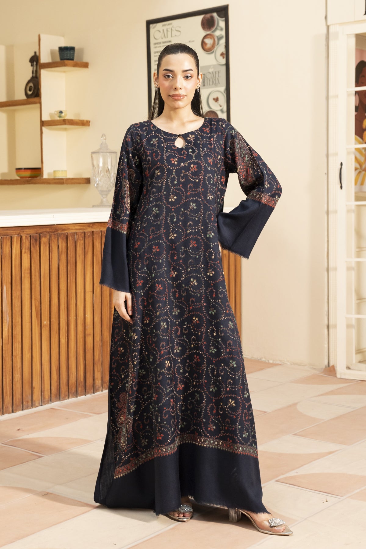 Navy Blue Hand Embroidered Pashmina Wool Kaftan Set (with trouser)