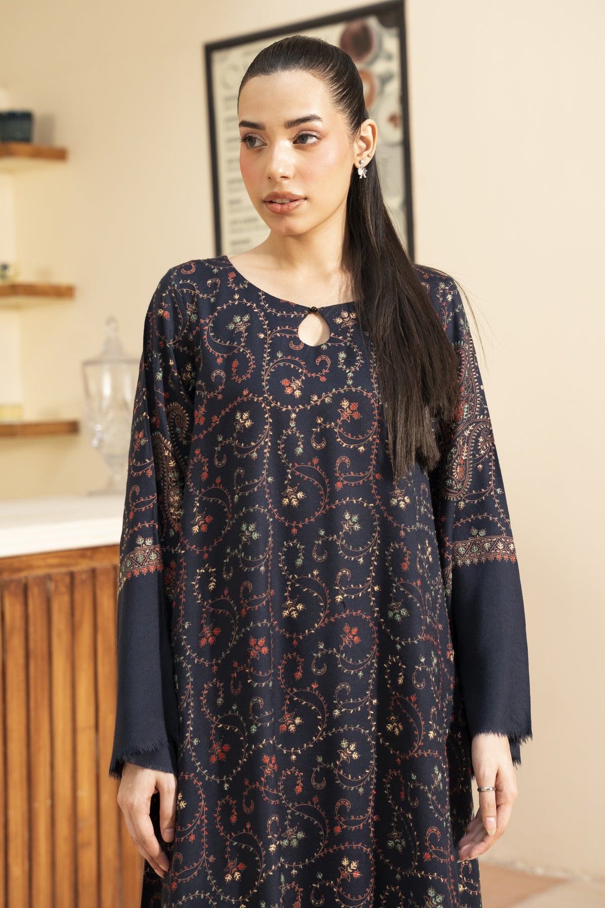 Navy Blue Hand Embroidered Pashmina Wool Kaftan Set (with trouser)