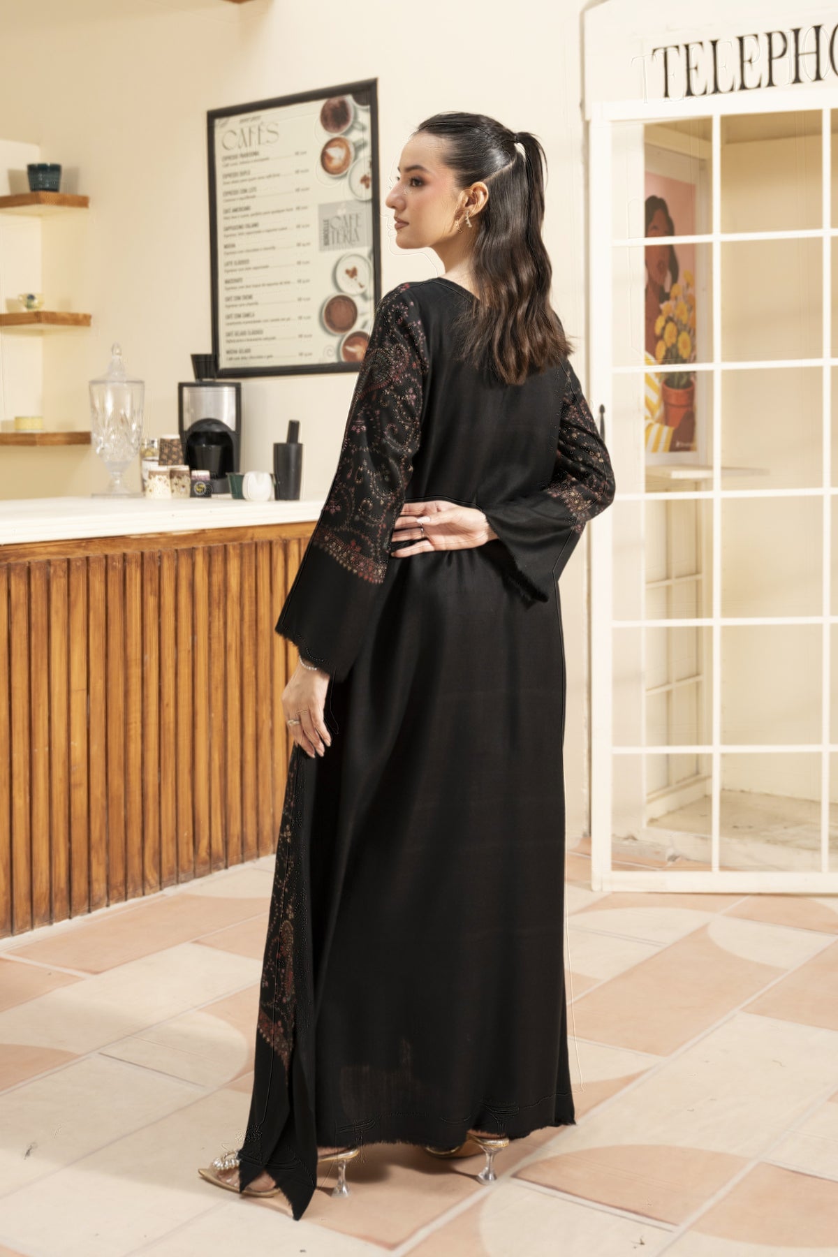 Black Hand Embroidered Pashmina Wool Kaftan Set (with trouser)