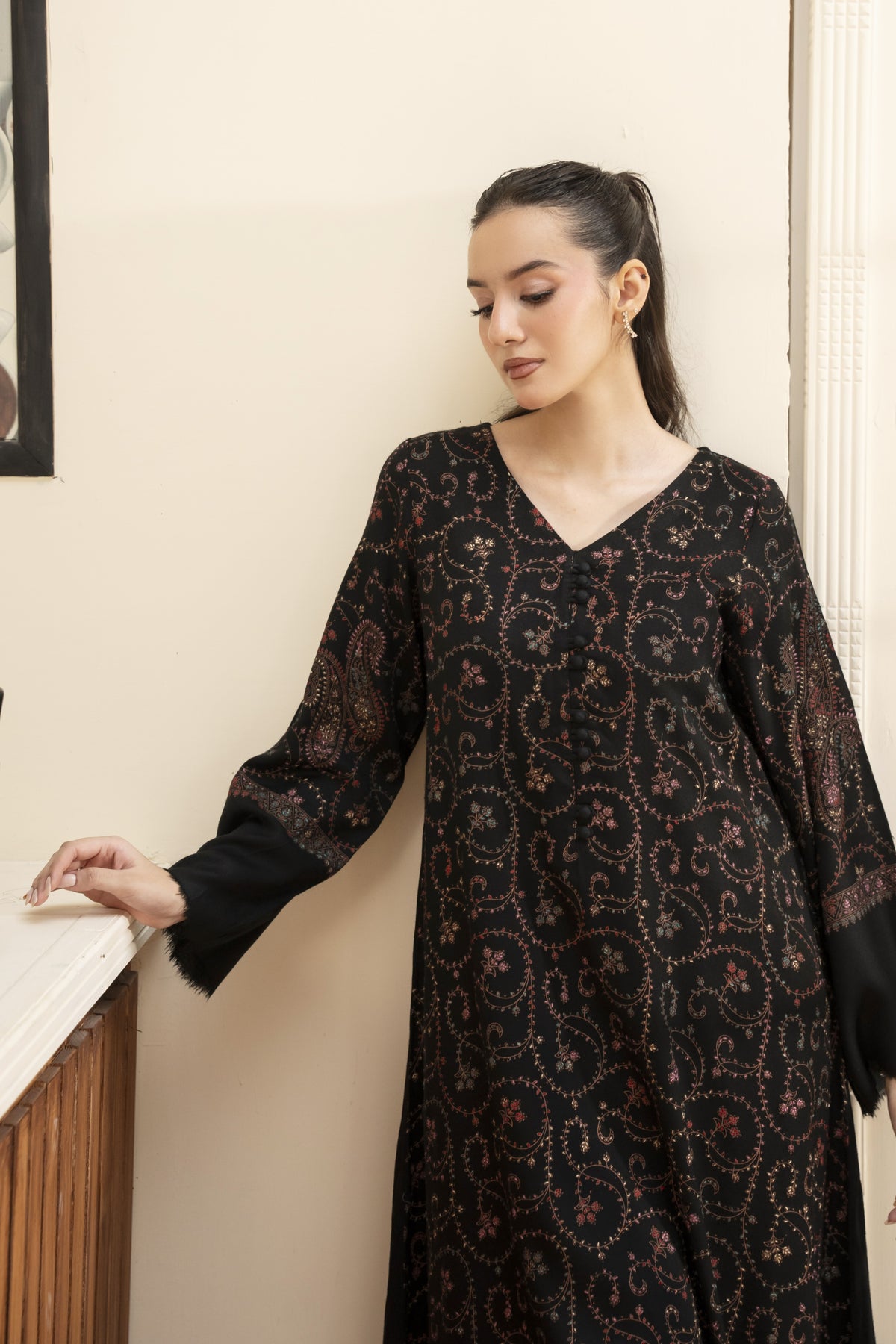 Black Hand Embroidered Pashmina Wool Kaftan Set (with trouser)