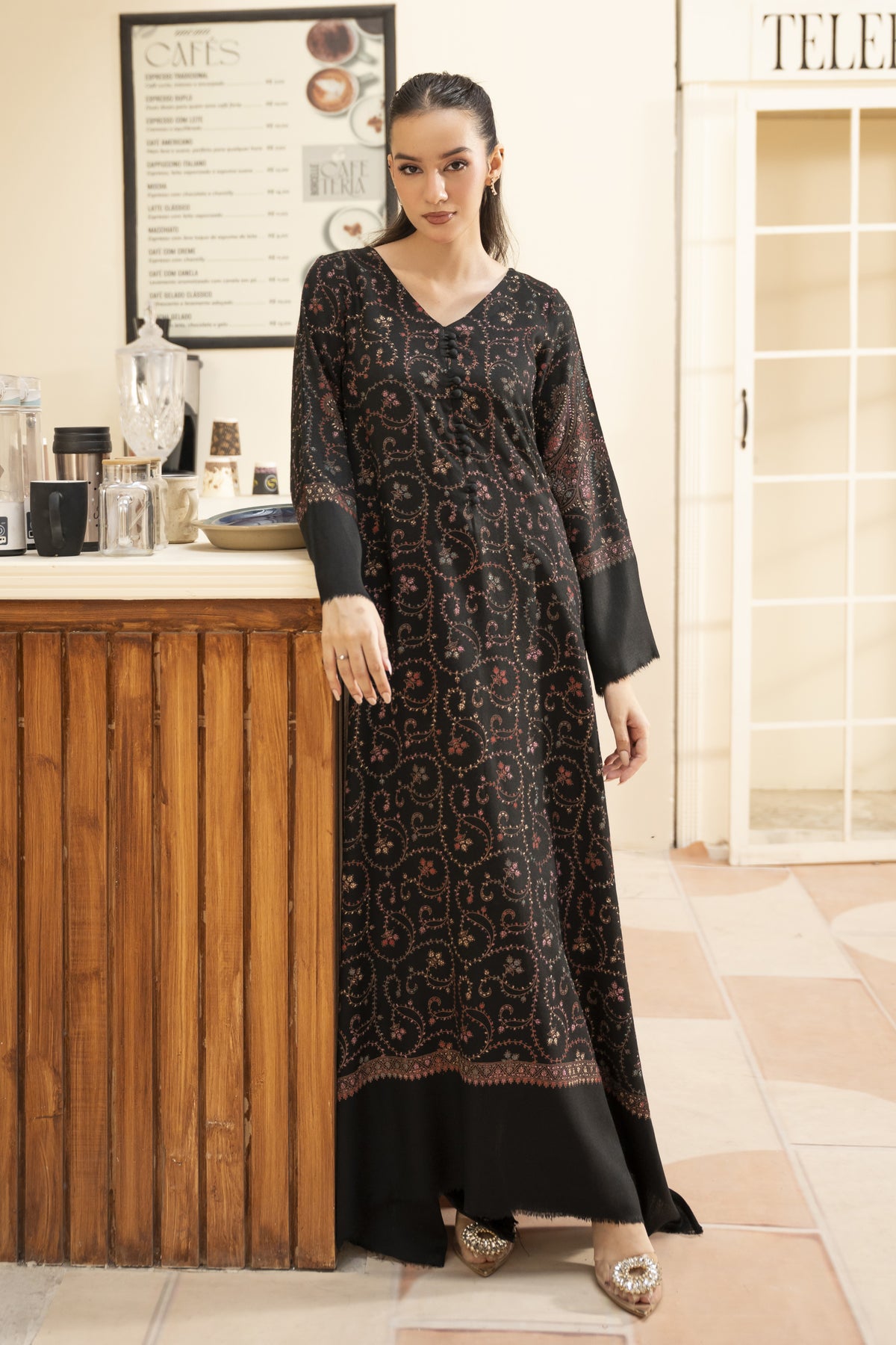 Black Hand Embroidered Pashmina Wool Kaftan Set (with trouser)
