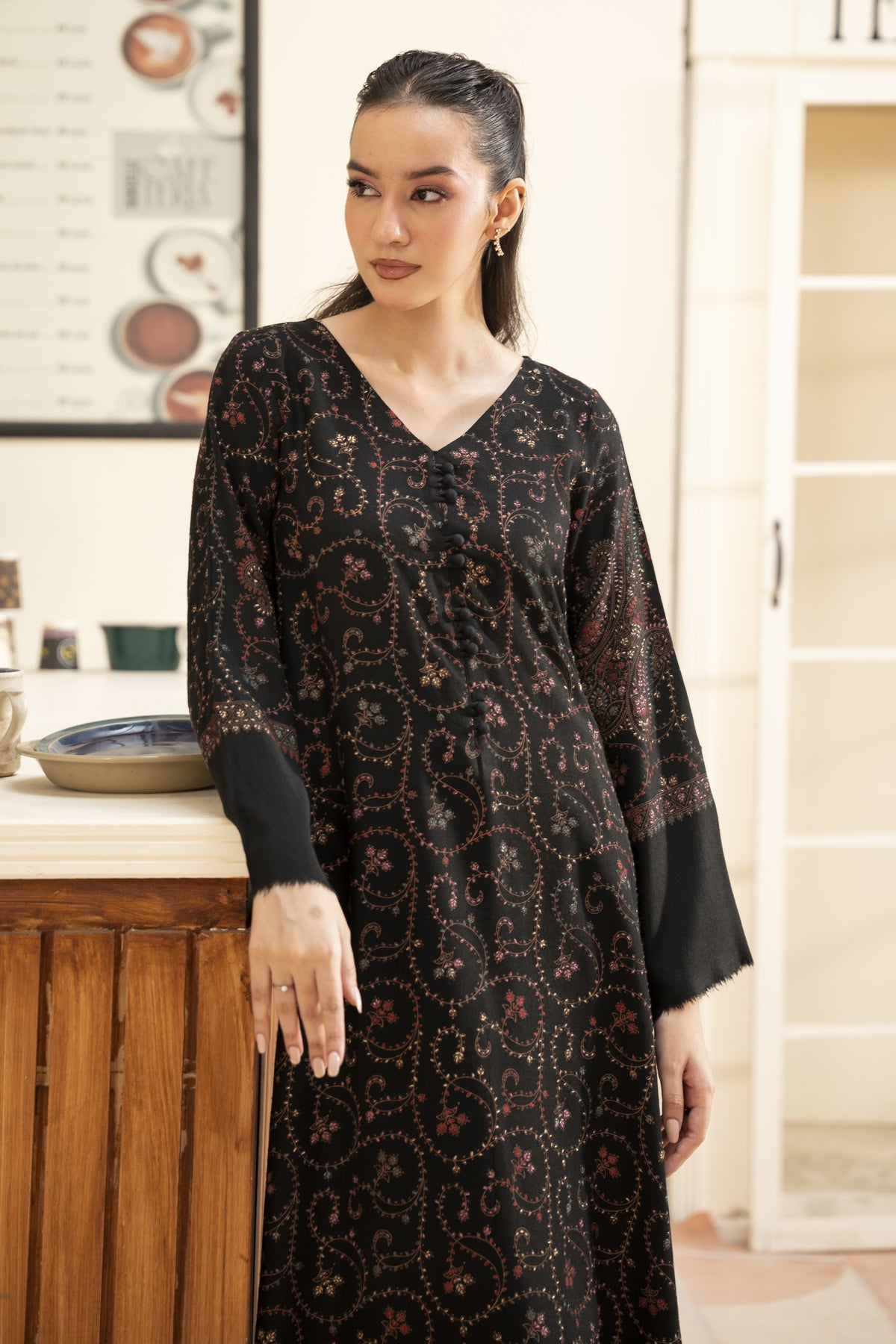Black Hand Embroidered Pashmina Wool Kaftan Set (with trouser)