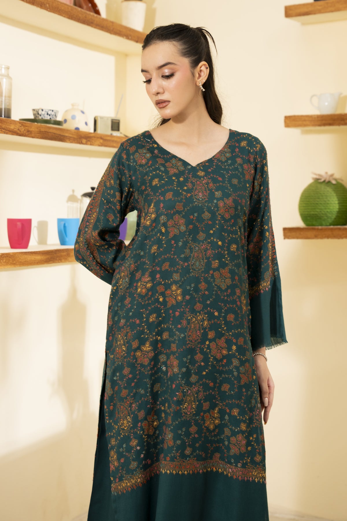 Hand Embroidered Pashmina Wool Coord Set - Teal