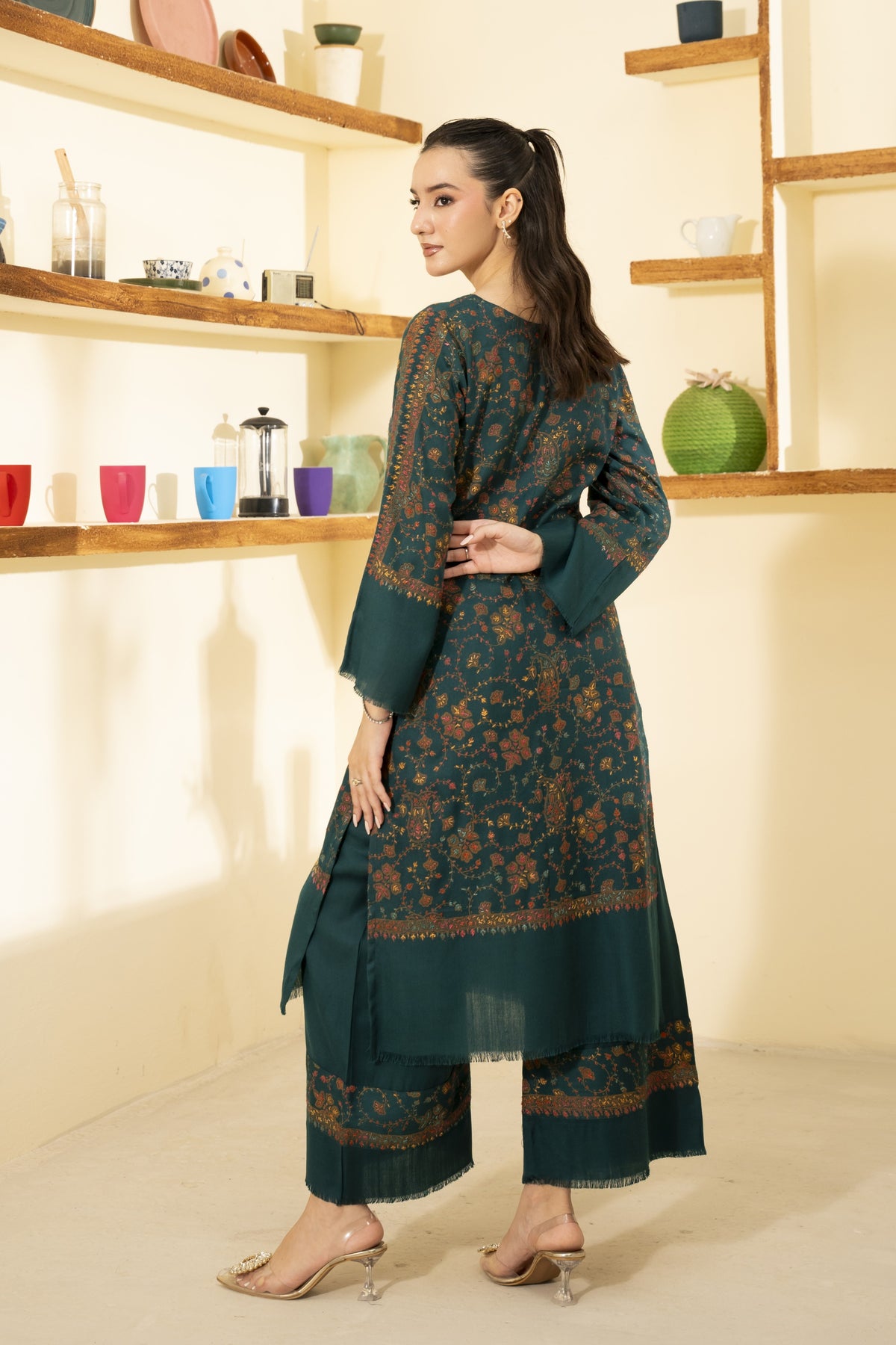 Hand Embroidered Pashmina Wool Coord Set - Teal