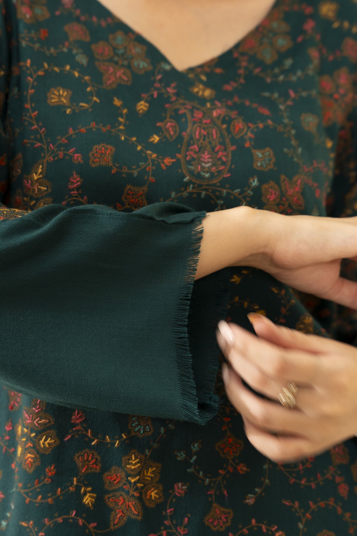 Hand Embroidered Pashmina Wool Coord Set - Teal