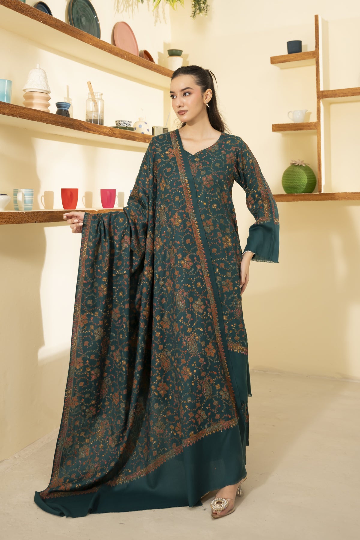 Teal Pashmina Needlework Shawl